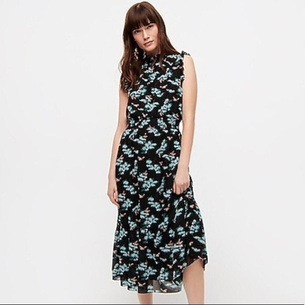 J.Crew Smocked-Waist Midi Dress Botanical Bees Print Size XS Sleeveless Ruffle